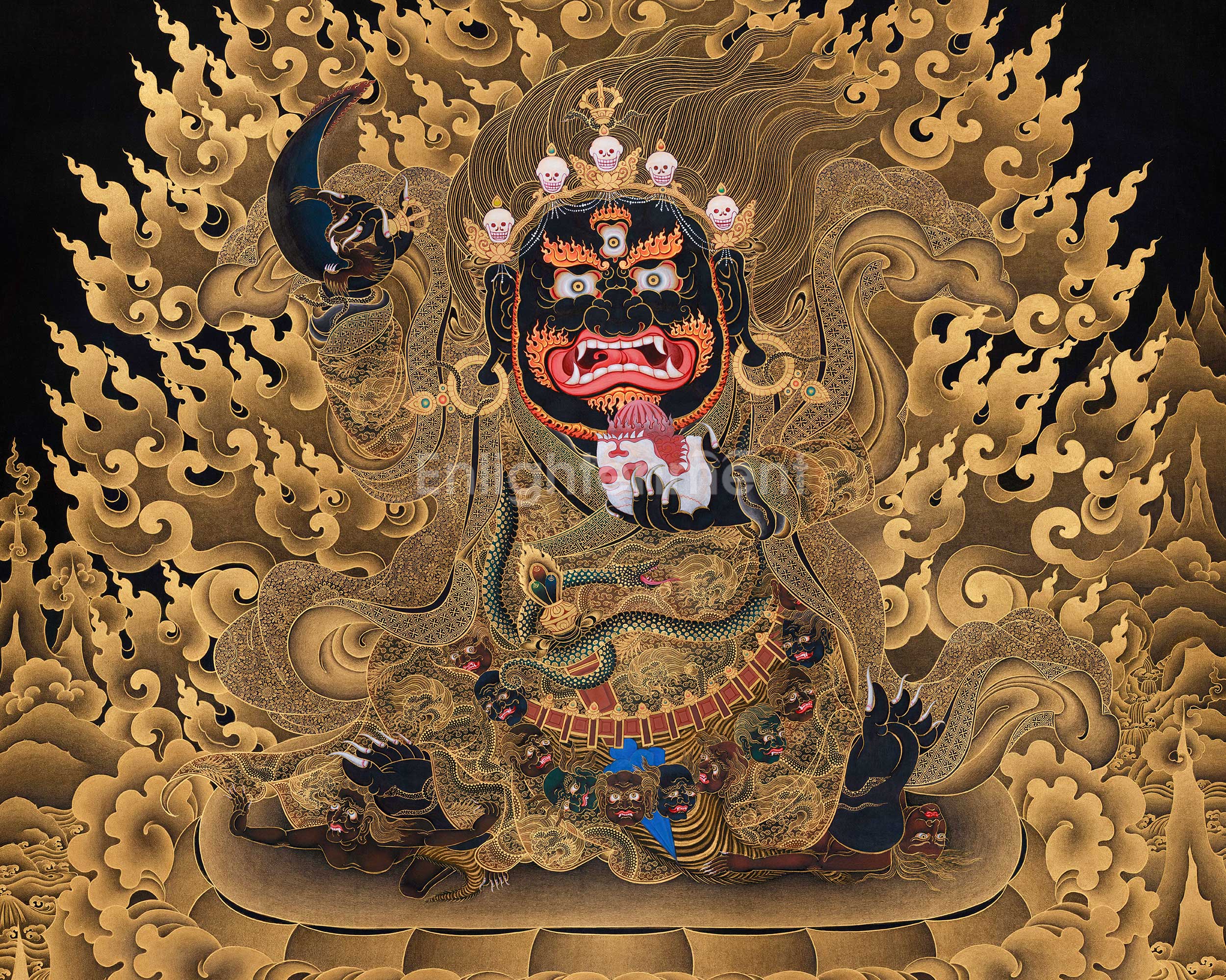 Majestic Mahakala Bernagchen | Dwarf Kagyu Mahakala in 24K Gold Thangka