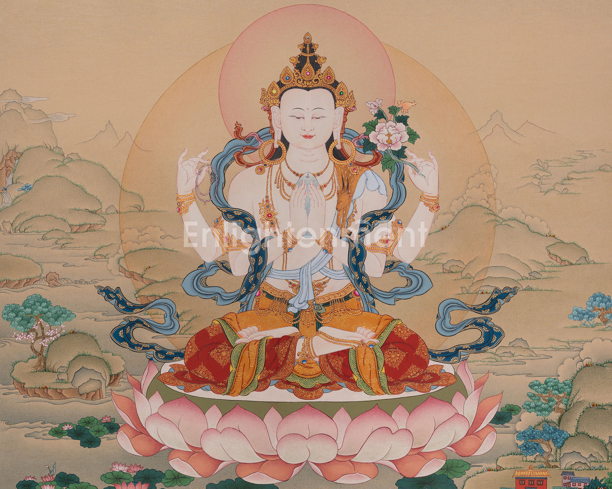 Chenrezig Thangka Painting | Sacred Tibetan Art of Infinite Compassion