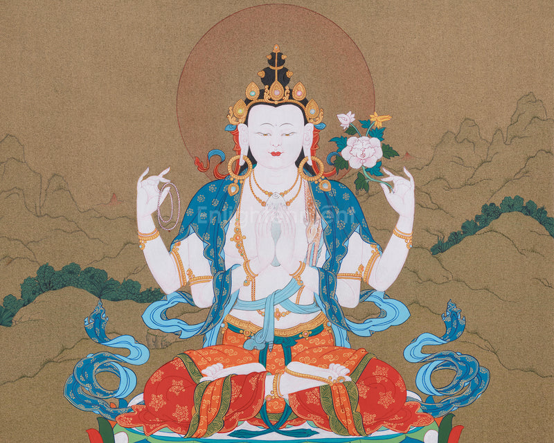 Compassion Buddha Thangka | Four-Armed Chenresig | Tibetan Spiritual Art