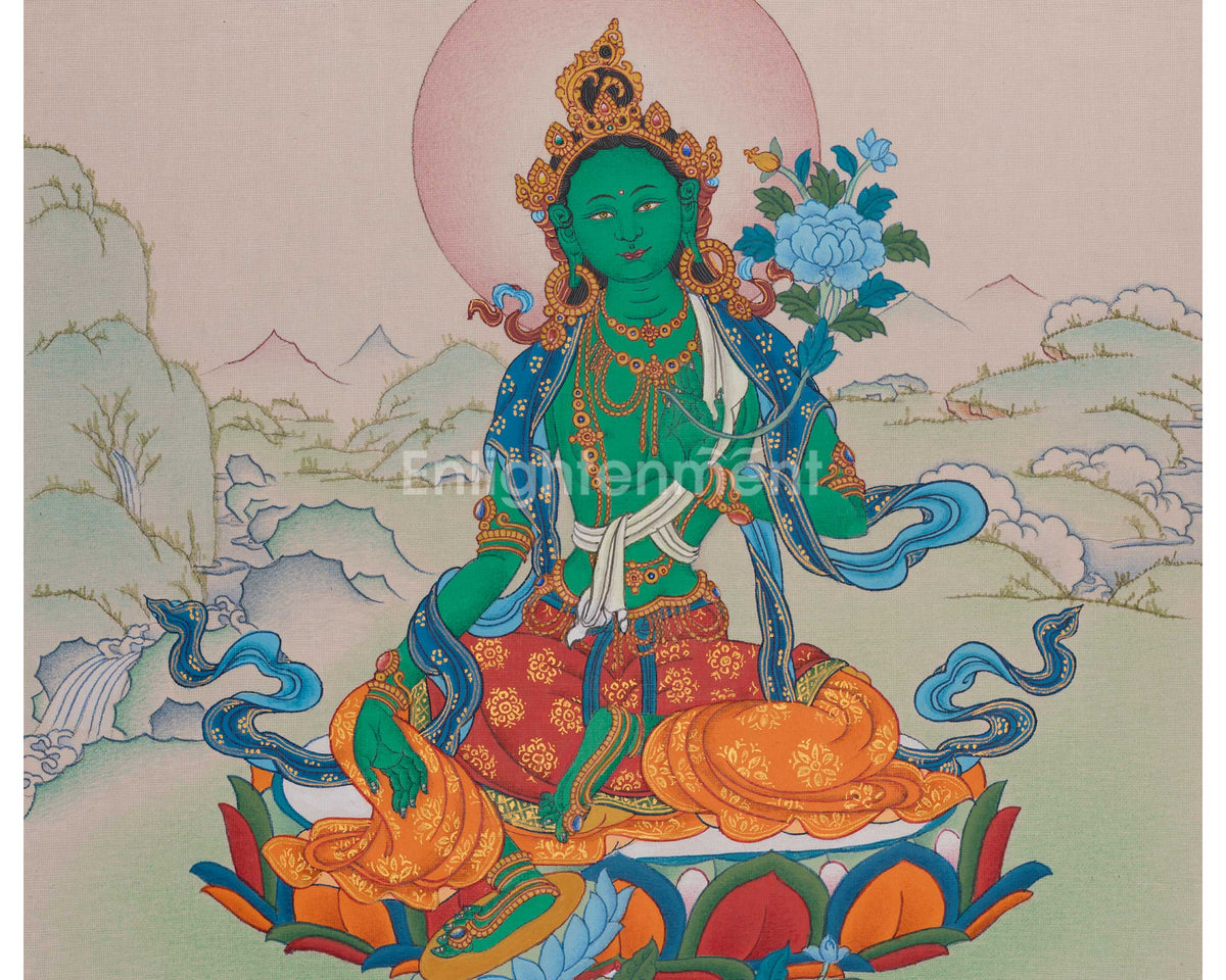 Hand-Painted Green Tara Art | Swift Compassion In Action And Protection From Fear