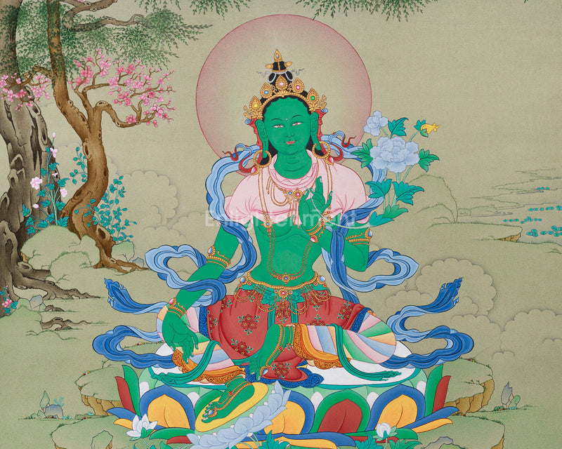 Majestic Green Tara Painting | Goddess of Swift Action | Tibetan Buddhism Decor