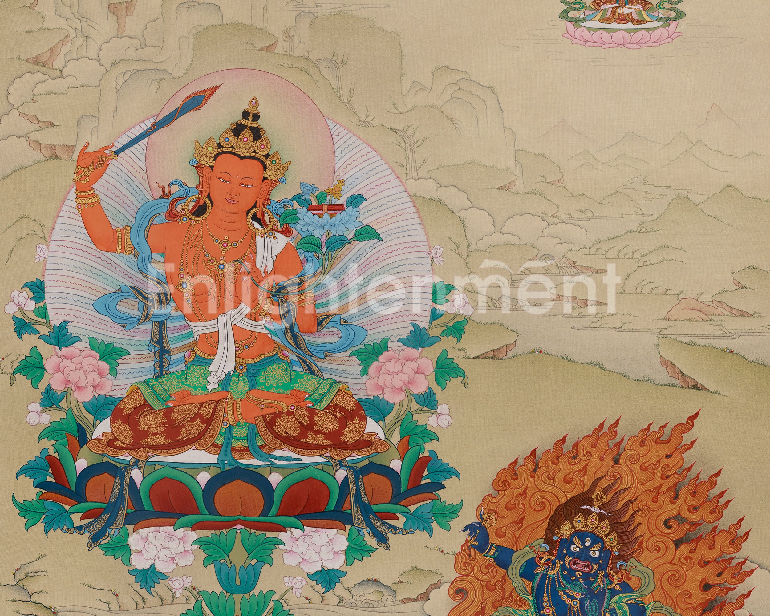 Manjushri With Vajrapani and Chenrezig Thangka | Sacred Wisdom Compassion Deity