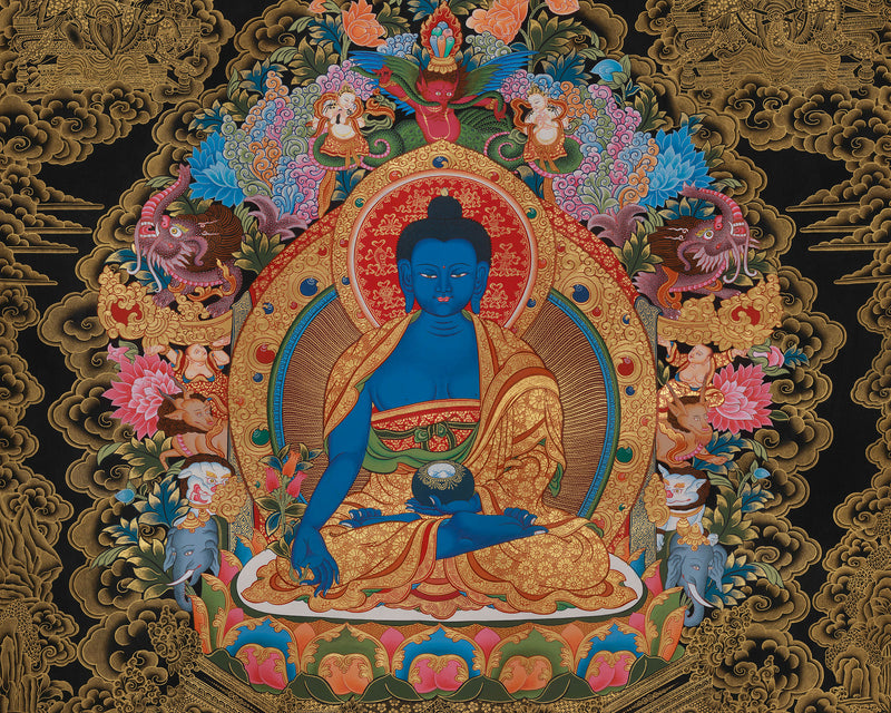 A Rare Collectable Artwork of Medicine Buddha | Four Heavenly Kings | 24K Gold Embellishments on Black Canvas