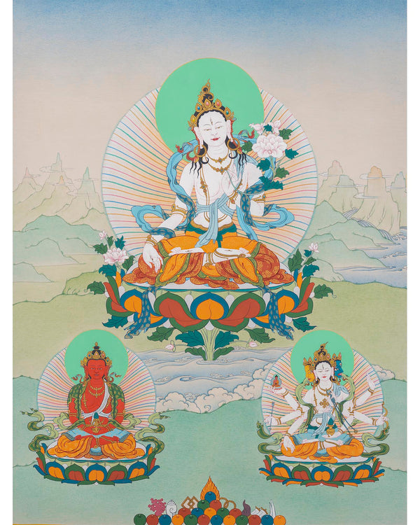 White Tara With Amitayus and Namgyalma Thangka | Tibetan Thangka Painting | Vajrayana Art