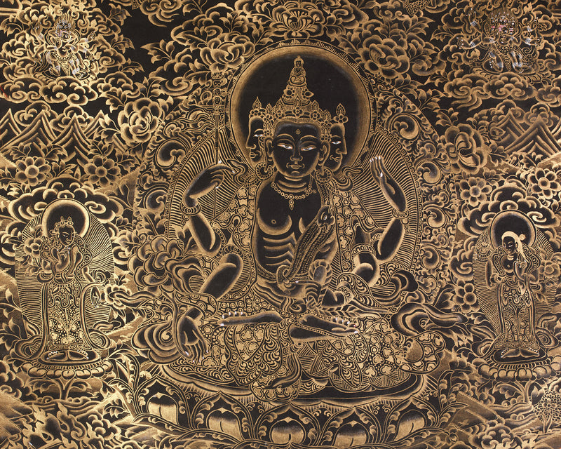 Unique Gold-Embellished lokeswara Thangka | Brocade Mounted