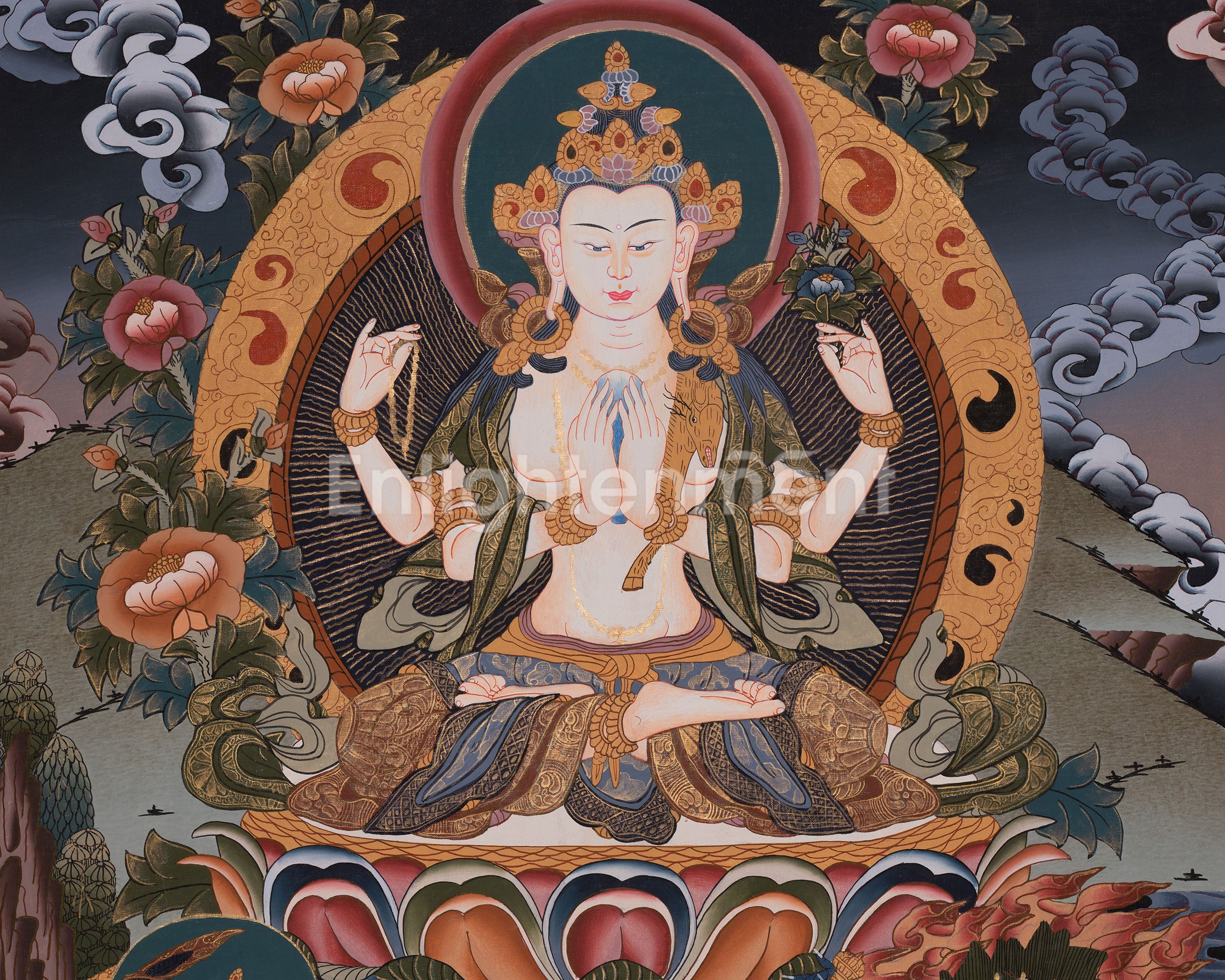 Original Hand-Painted Chenrezig Tibetan Thangka | Avalokiteshvara Painting