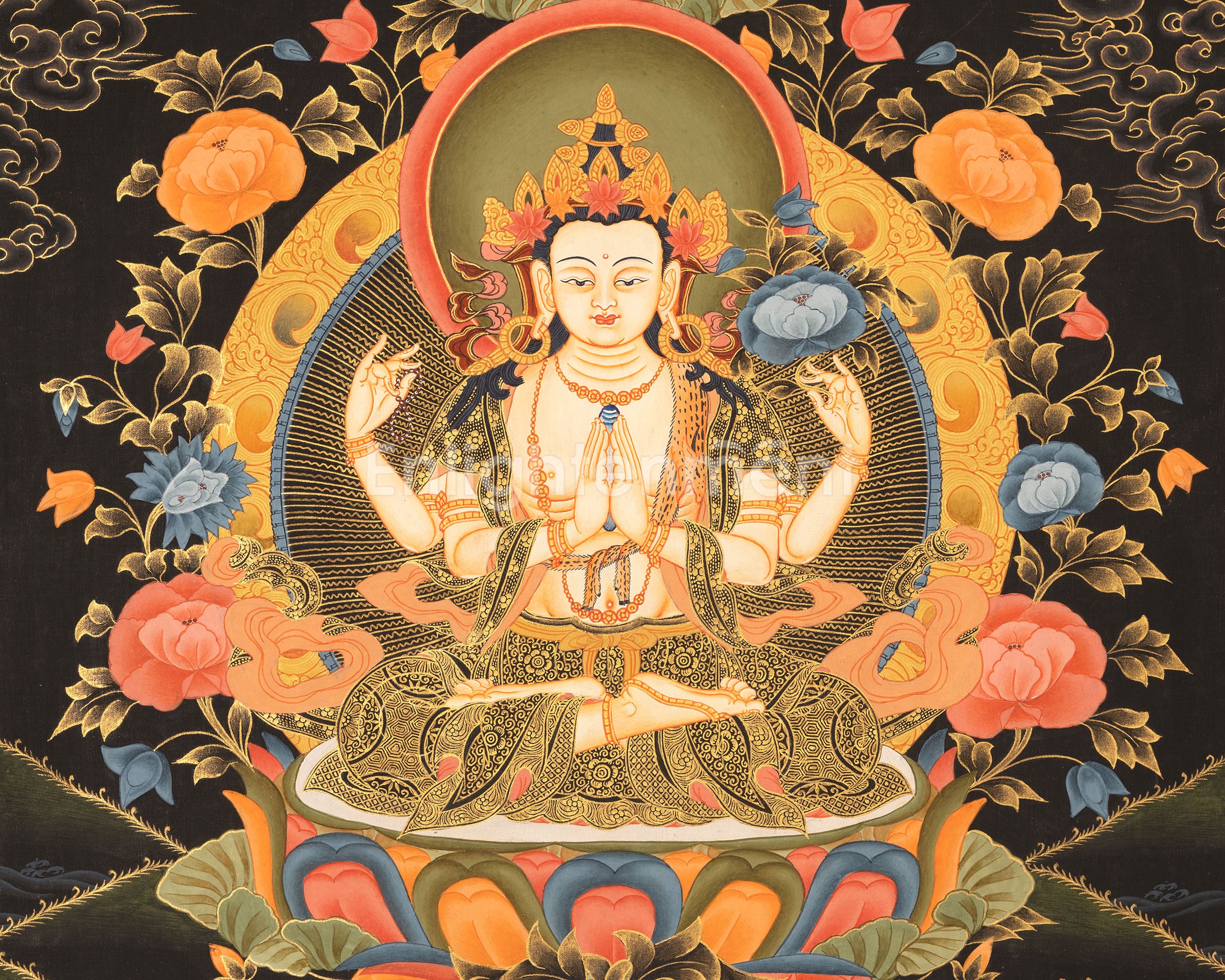 Four Armed Chenrezig Thangka | Tibetan Avalokiteshvara of compassion