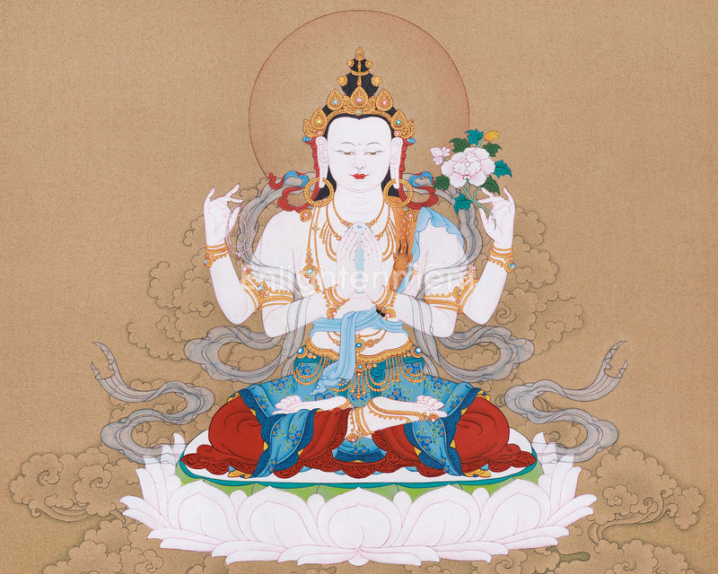 Serene Avalokiteshvara Thangka | Hand-Painted Four Armed Chenrezig Art