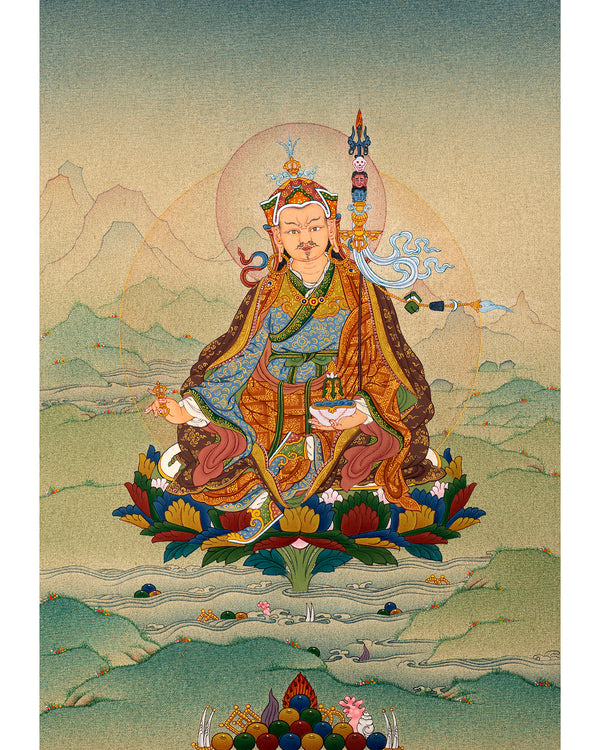 Padmasambhava Thangka | Tibetan Thangka in Natural Stone Color & 24K Gold