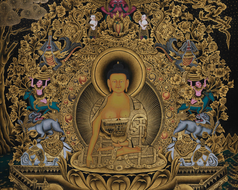 Enthroned Shakyamuni Buddha Gold Thangka | The Awakened One | The Supreme Teacher