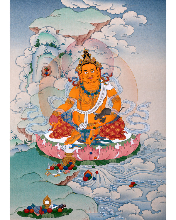 Yellow Jambhala Thangka | Dzambhala Painting | Hand-painted Buddhist Wealth Deity