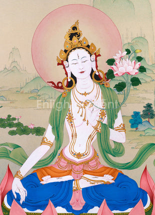 Radiant Grace: An Exquisite White Tara Thangka, Unique Depiction in Exceptional Quality