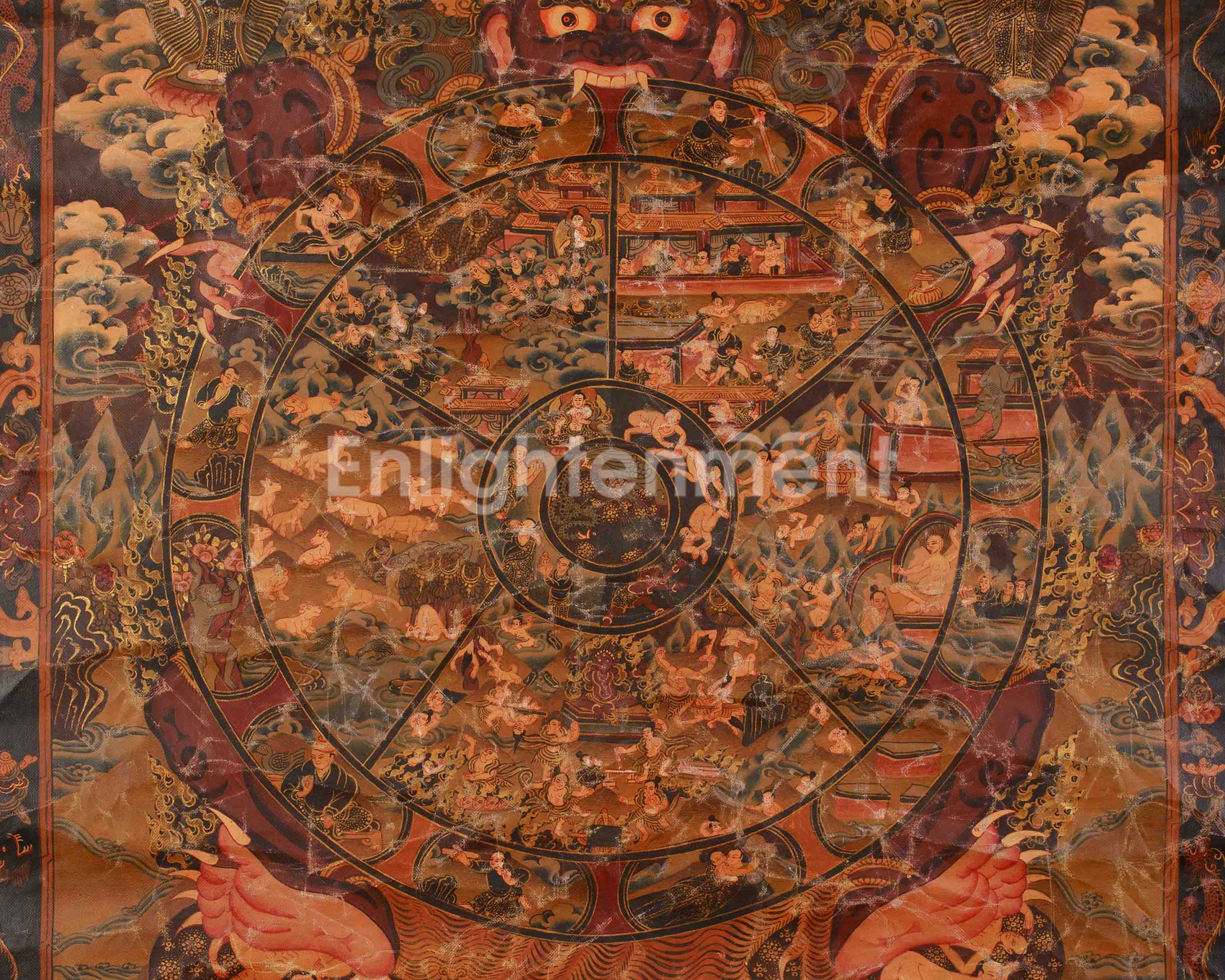 Traditional Wheel Of Life Thangka | Tibetan Buddhist Wisdom Artwork | Spiritual Wall Decor