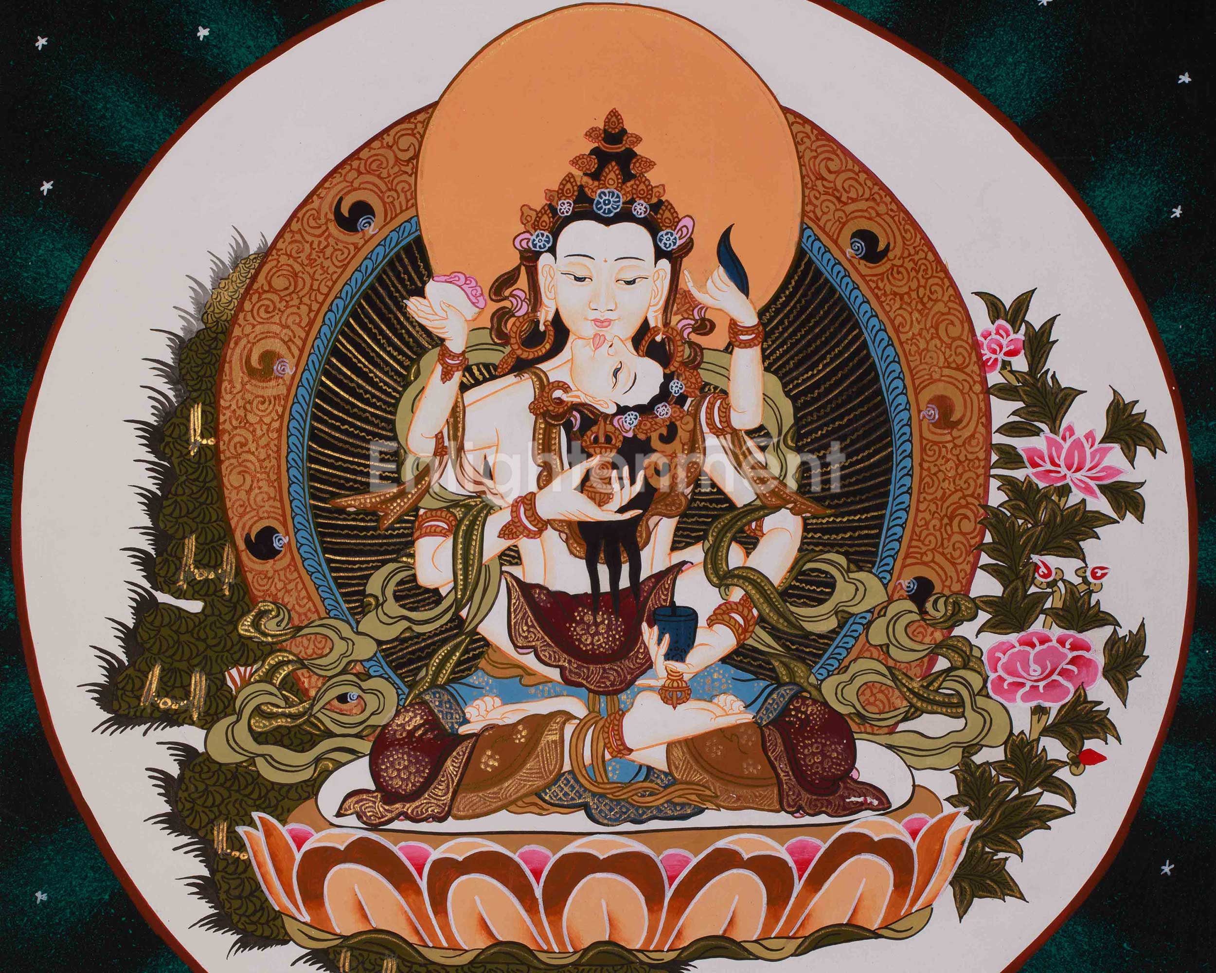 Traditional Thangka of Vajrasattva With Consort | Symbolized Purification and Enlightenment