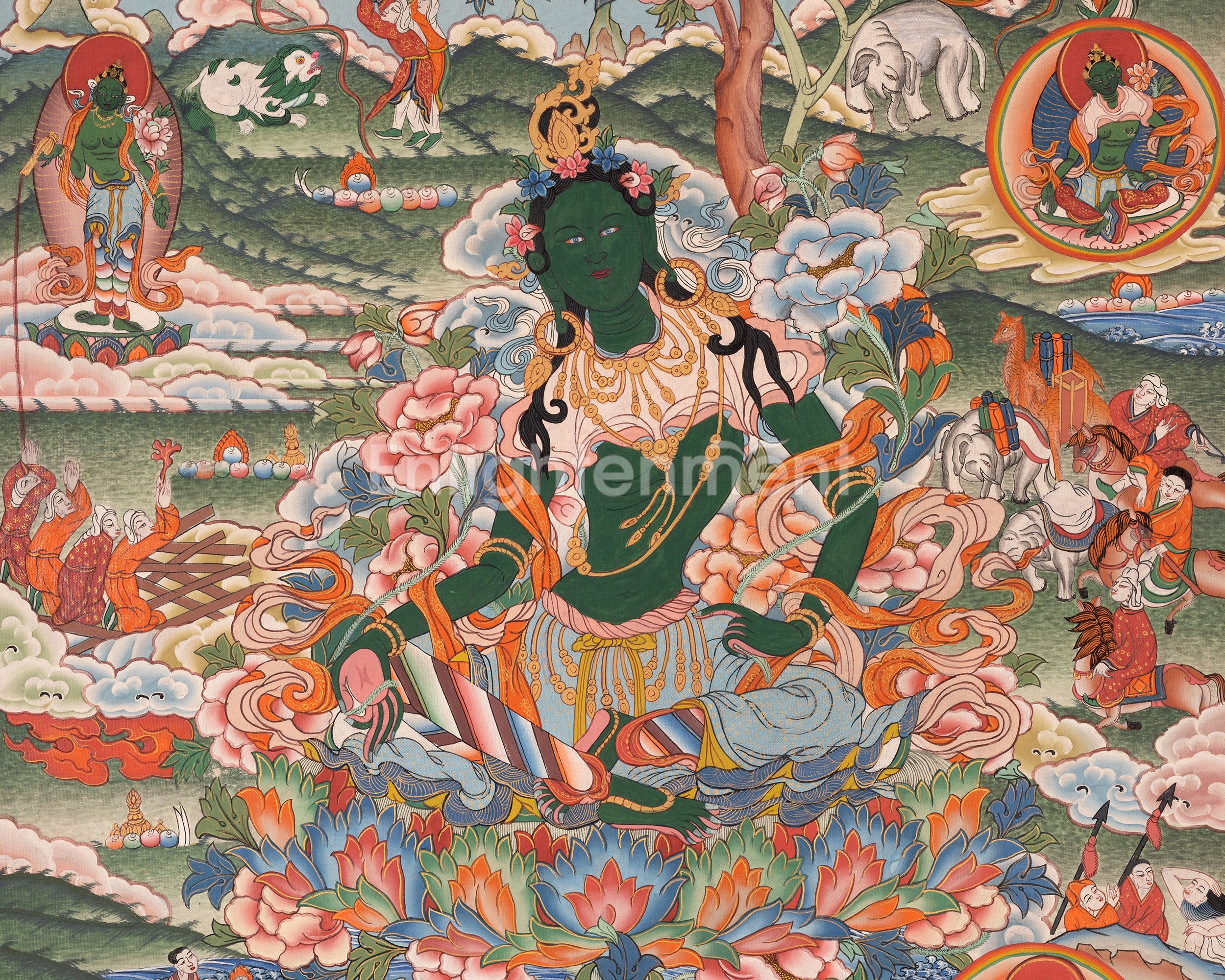 Healing Green Tara Thangka | Healing Female Deity Painting | Wall Decors