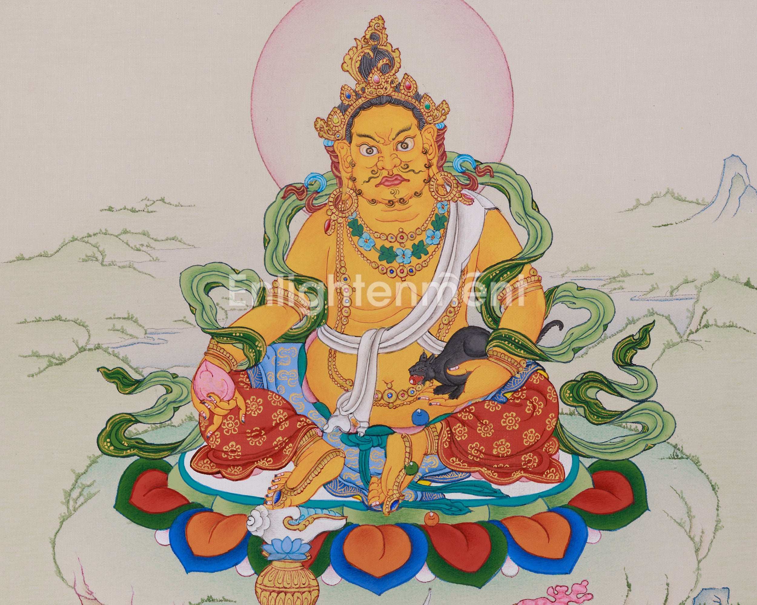 Hand-Painted Yellow Dzambhala Thangka | The Buddha of Prosperity and Fortune