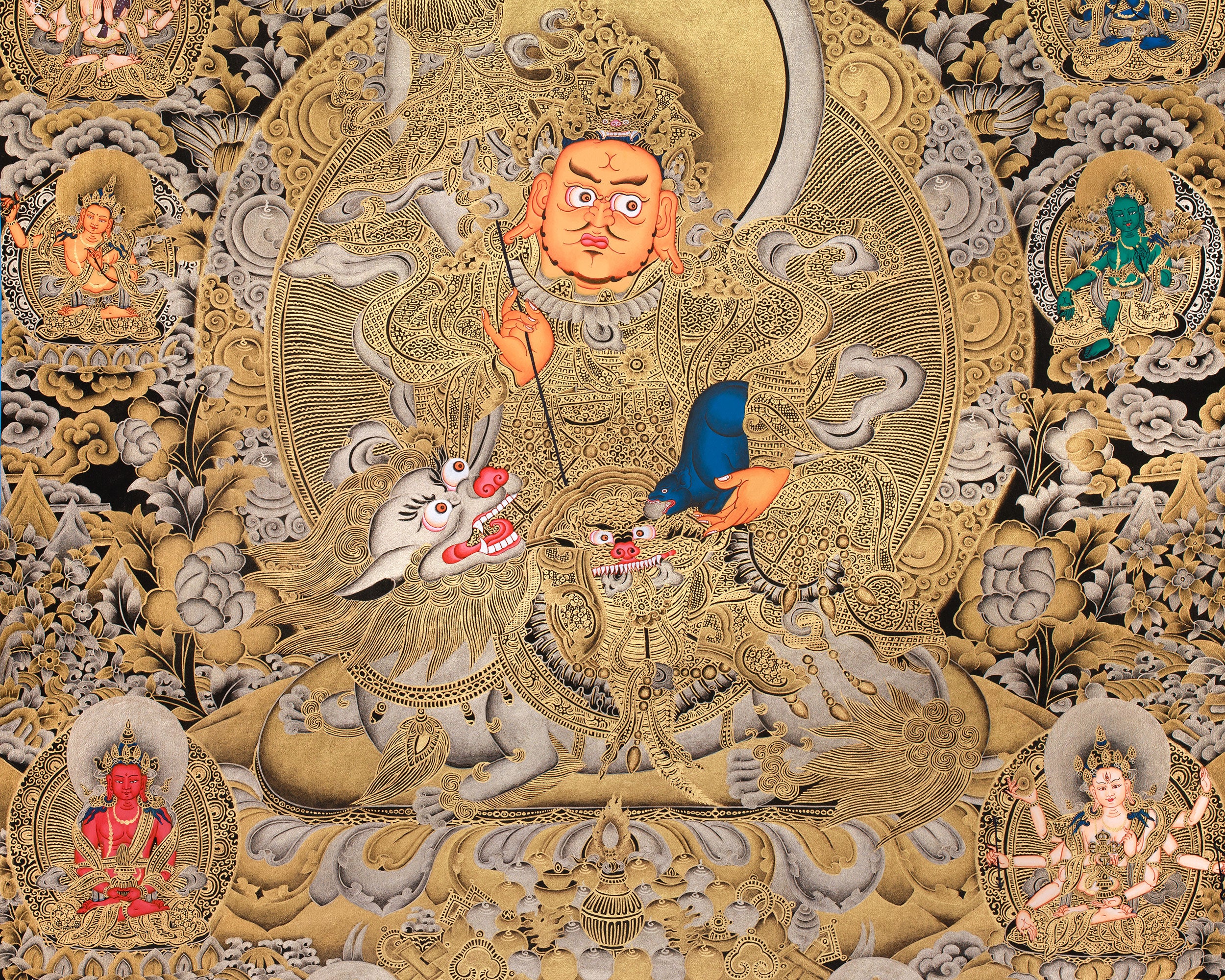 Exquisite Vaishravana, Guardian of the North Thangka | 24K Gold Embellished Art on Black Canvas