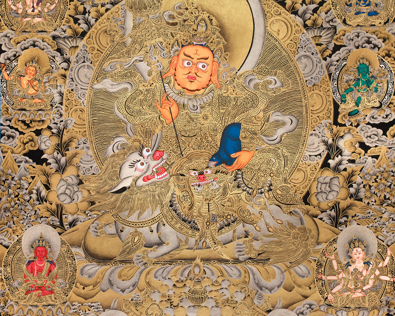 Exquisite Vaishravana, Guardian of the North Thangka | 24K Gold Embellished Art on Black Canvas