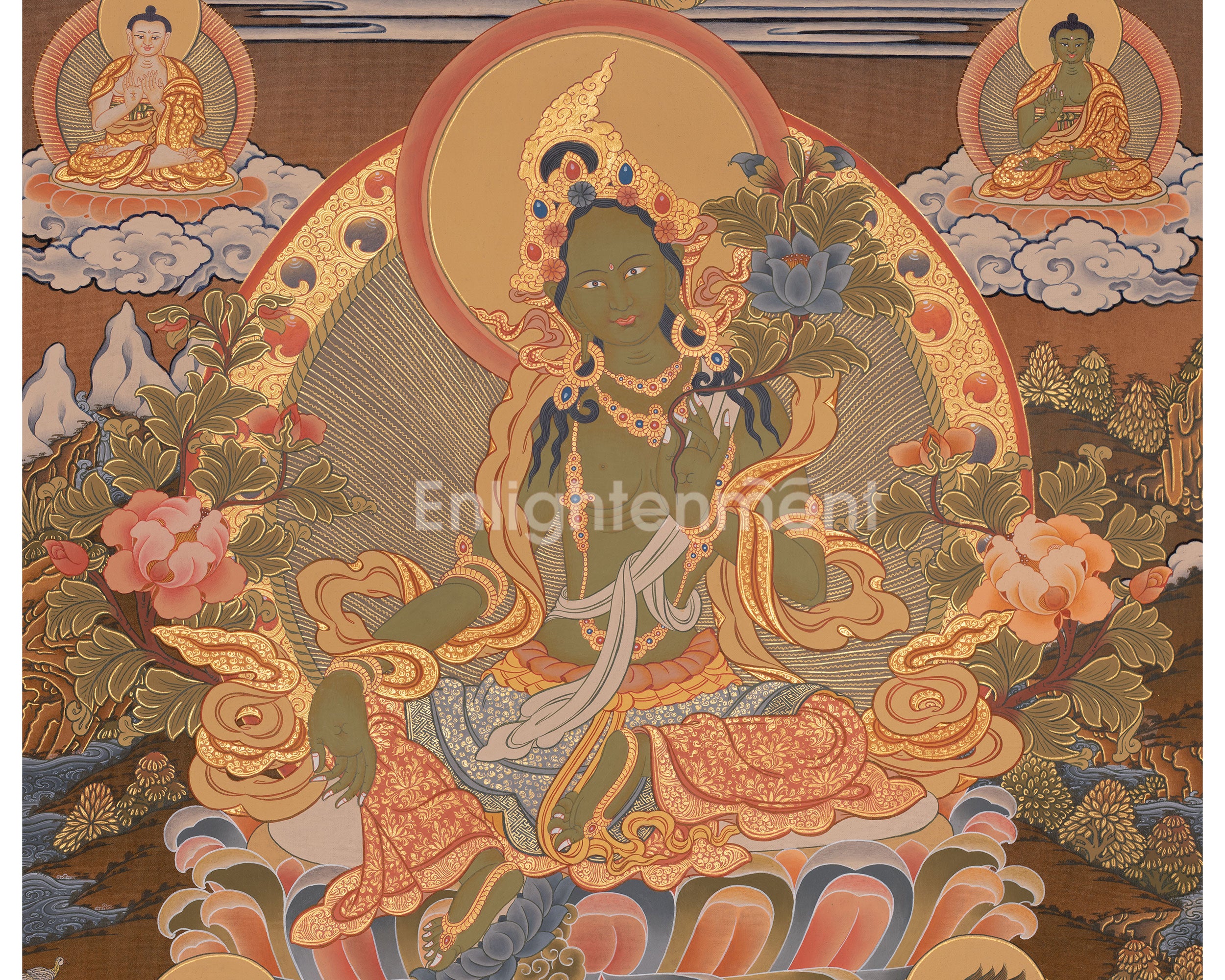 Green Tara With Five Dhyani Buddha | Divine Protection and Spiritual Harmony