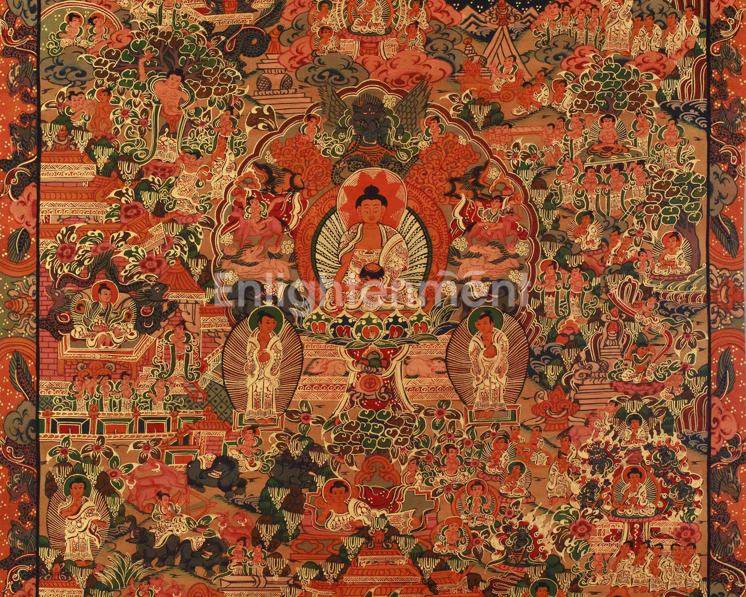 Sacred Buddha Life Story Art | Birth, Enlightenment, and Teaching of Dharma Thangka