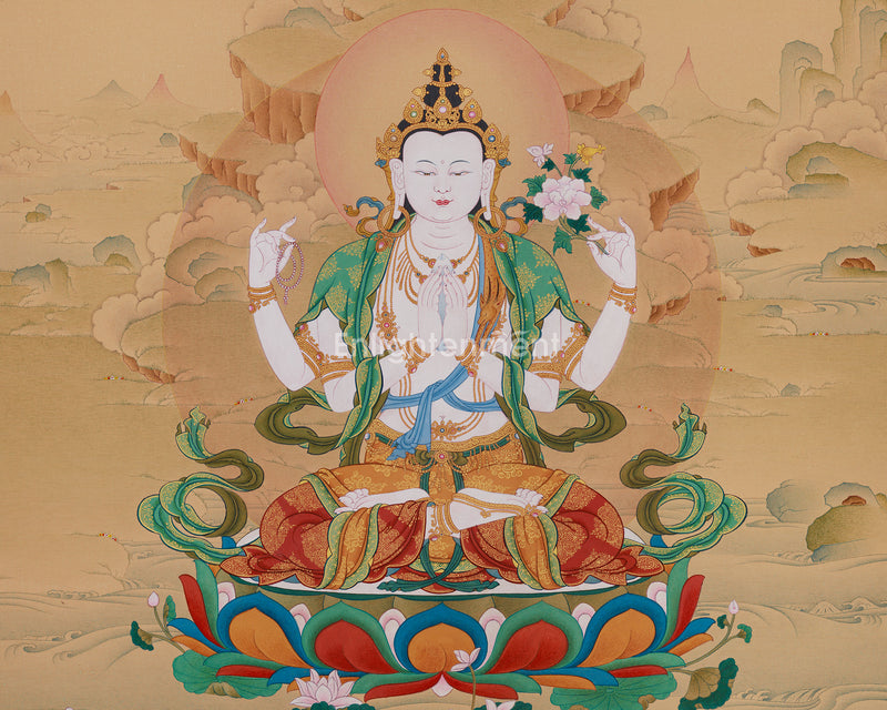 Sumptuous Compassionate Buddha Thangka - Four-Armed Chenresig with Lhasa Stone Enrichment