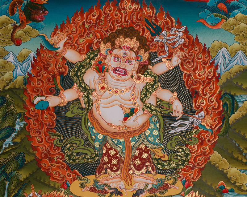 Hand-Painted White Mahakala Thangka | Wrathful Guardian of Wealth and Protection