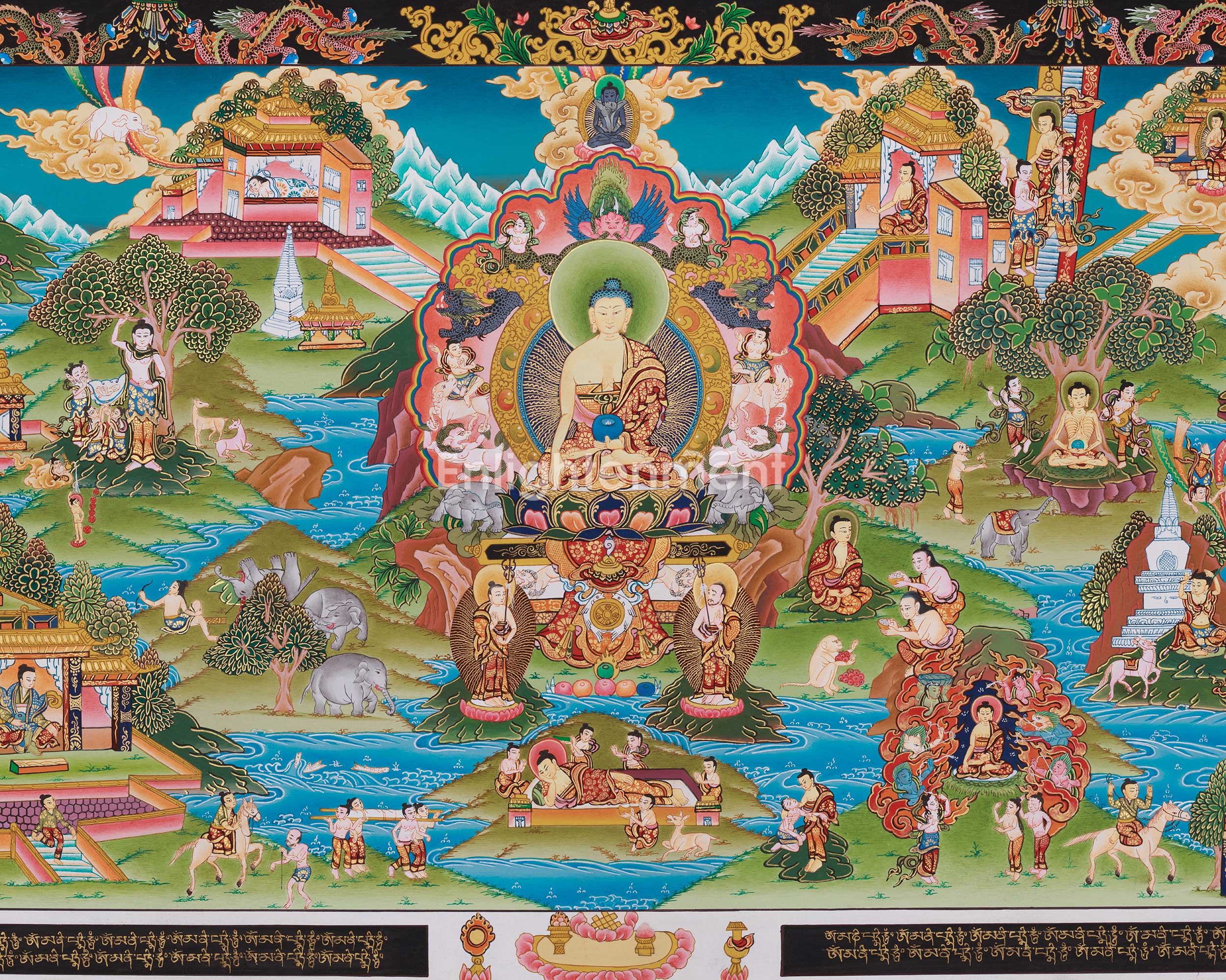Horizontal Buddha Life Story Thangka | A Sacred Thangka of Awakening
