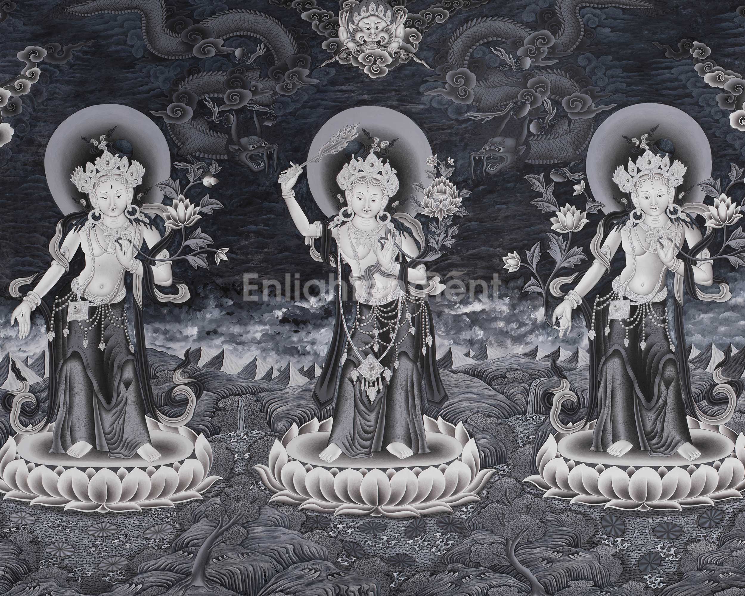 Newari-Style Manjushri with White Tara and Green Tara | Wisdom, Compassion and Swift Action