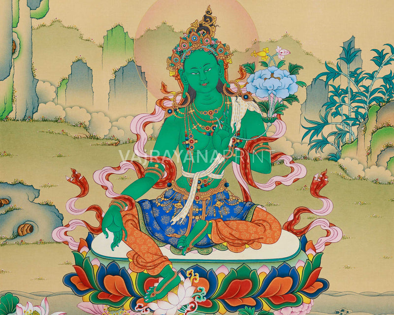 Green Tara Divine Tapestry Thangka Print | Spiritual Elegance for Your Space