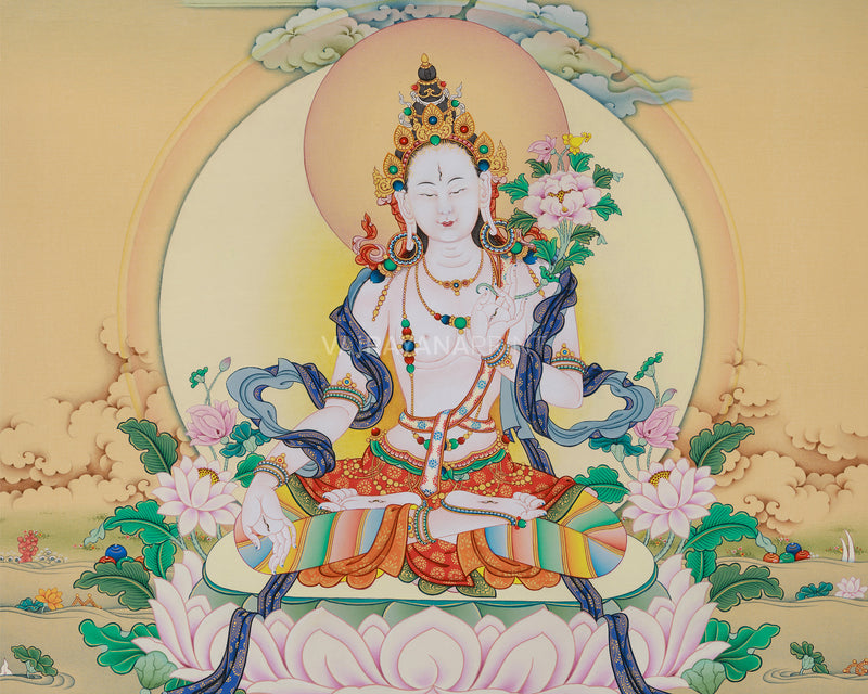 Buddhist White Tara Thangka Print on Canvas | Sacred Art of Compassion and Healing