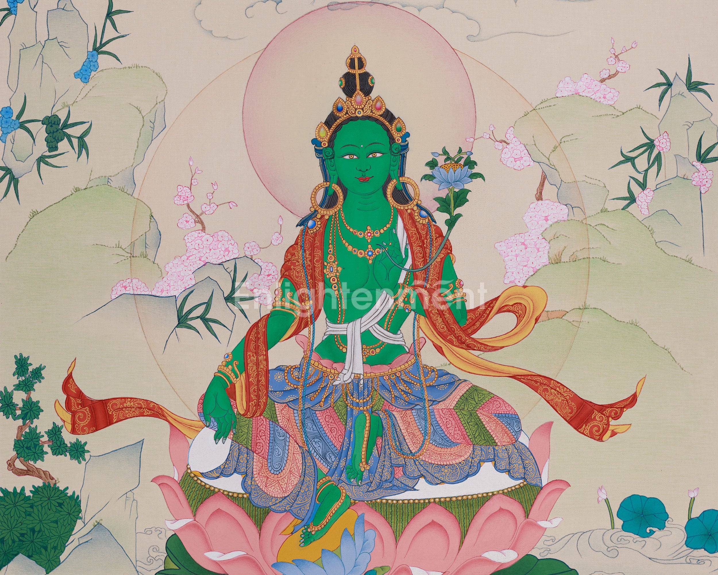Handmade Green Tara Painting | Goddess of Protection and Swift Blessings