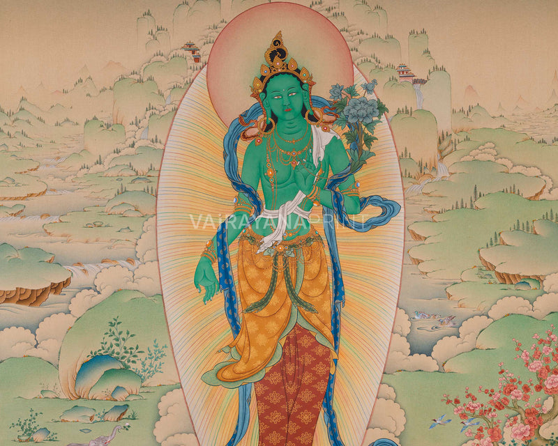 Standing Green Tara Thangka | Digital Thangka Canvas Print