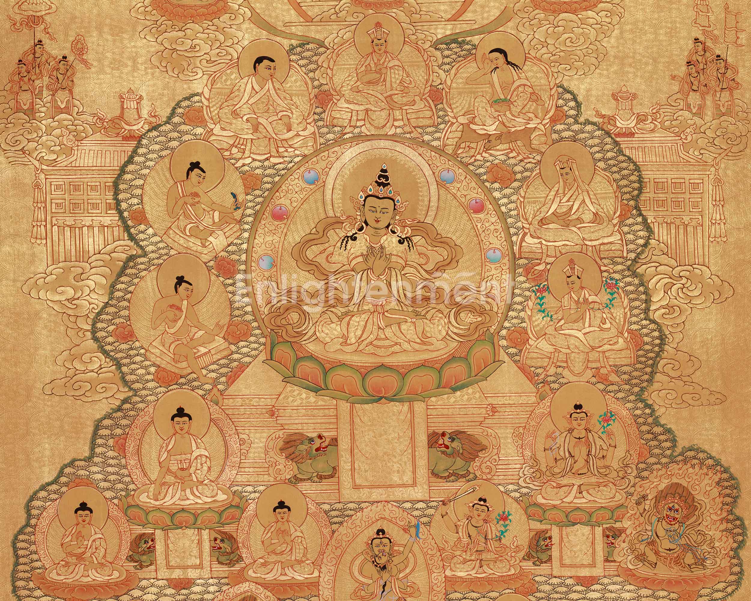 Vajradhara Lineage Thangka | A Divine Masterpiece of Tantric Teachings in Luminous Gold