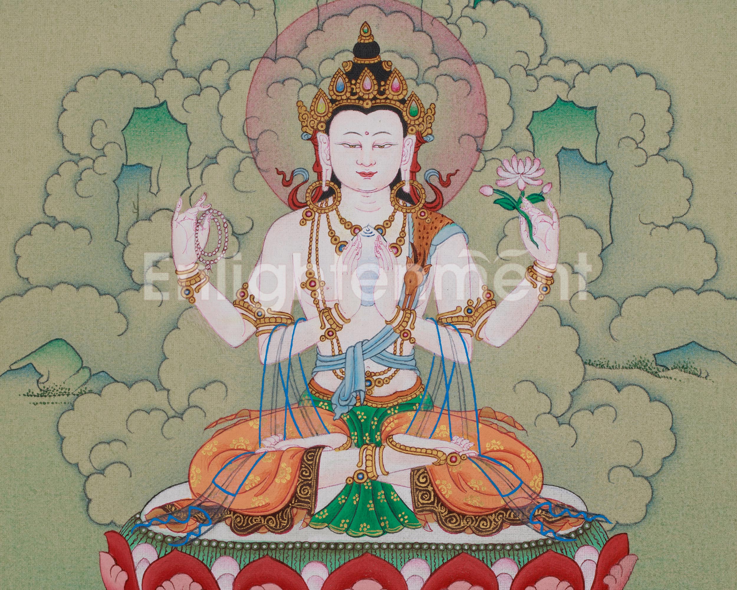 Chenrezig Buddhist Art | Sacred Compassion Buddha | Avalokiteshvara Thangka