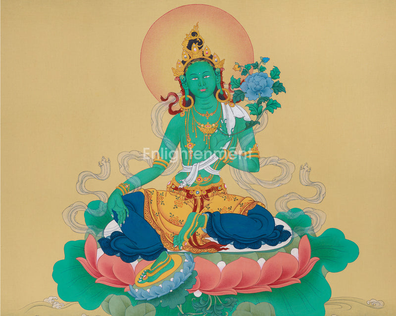 Serene Green Tara Thanga in Authentic Stone Colors