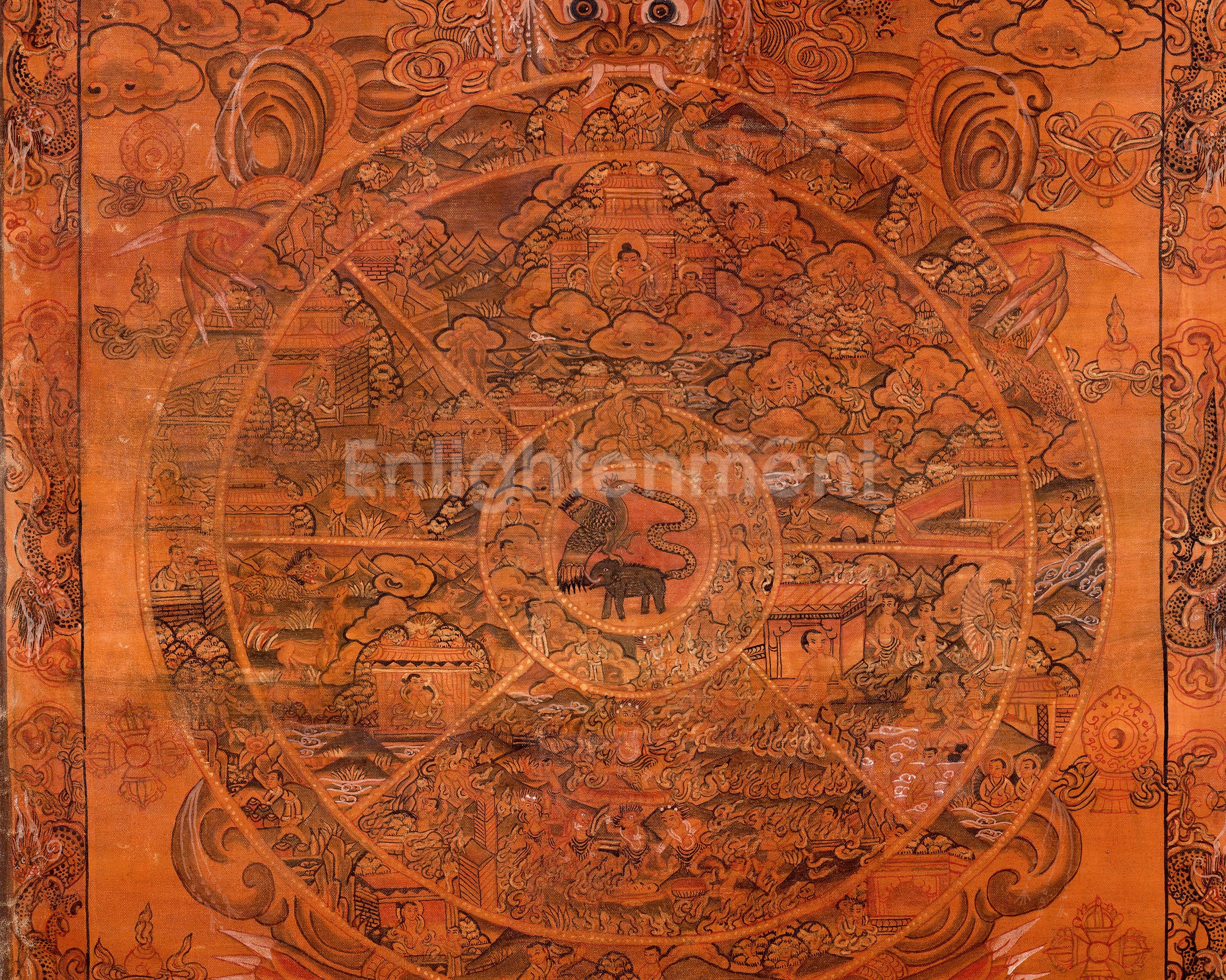 Vintage Wheel of Life Thangka | Oil Varnished Buddhist Painting of Samsara