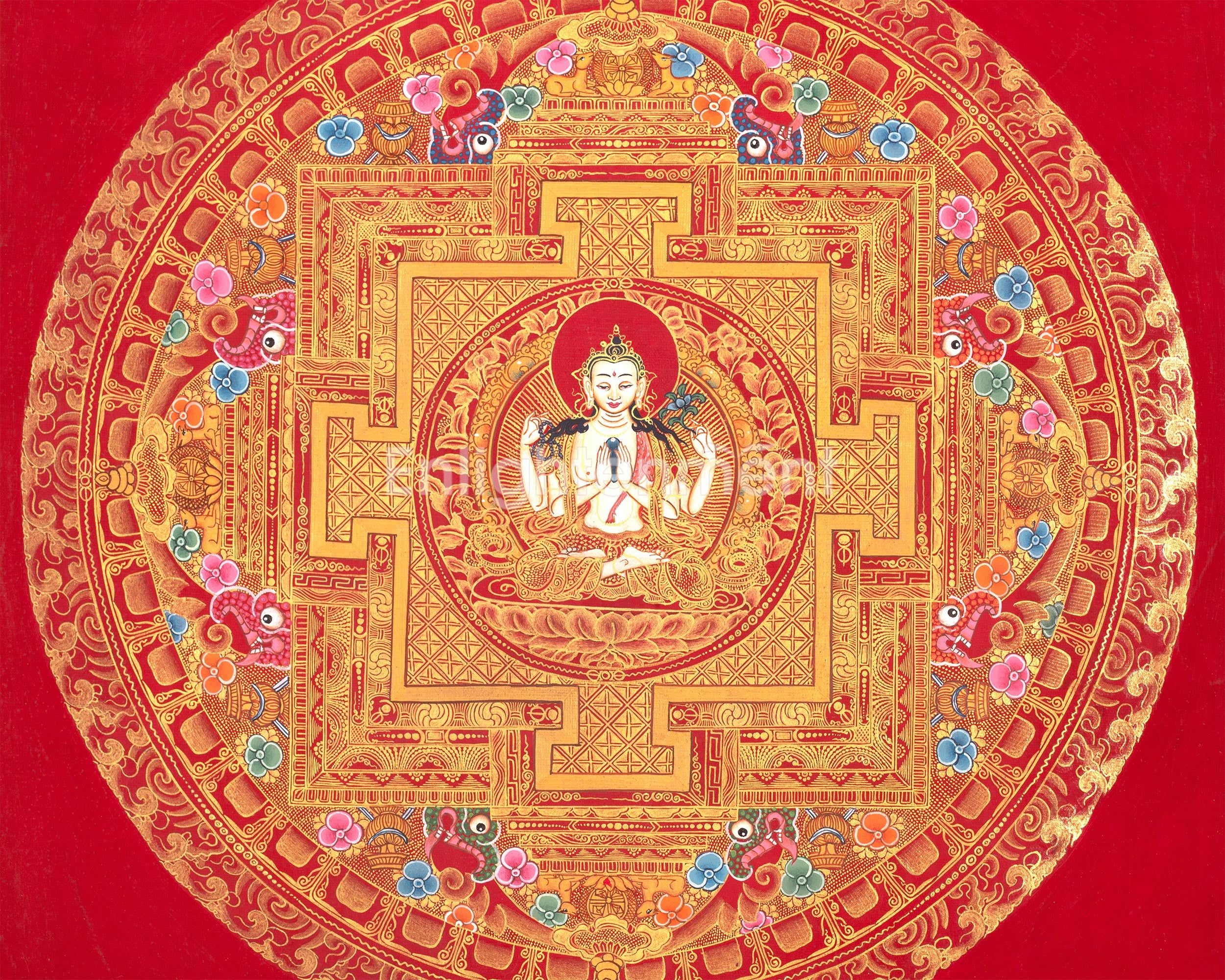 Chenresig Mandala | Buddha of Compassion | Red and Gold Thangka