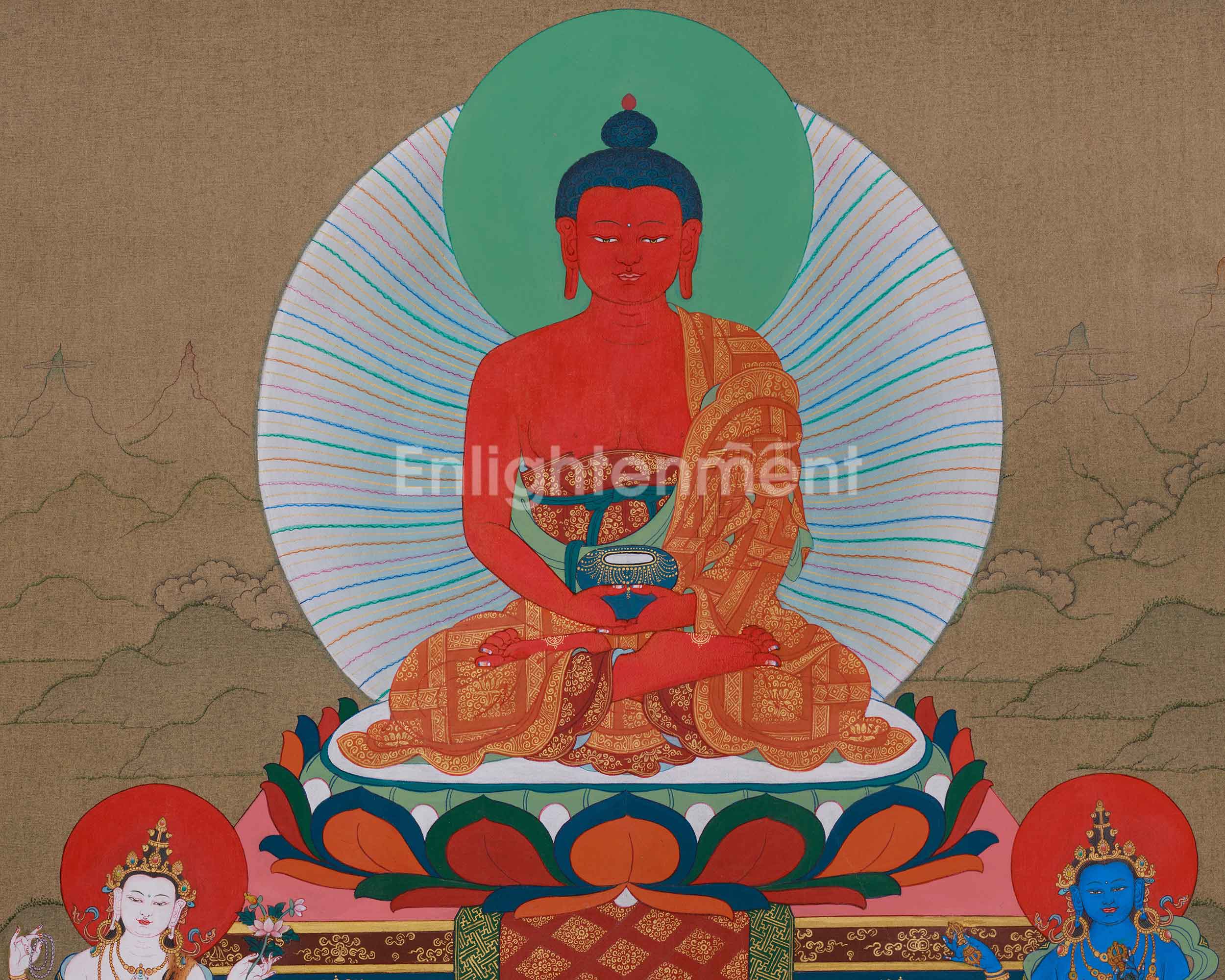 Amitabha Buddha with Chenrezig and Vajrapani | Tibetan Bodhisattva Thangka
