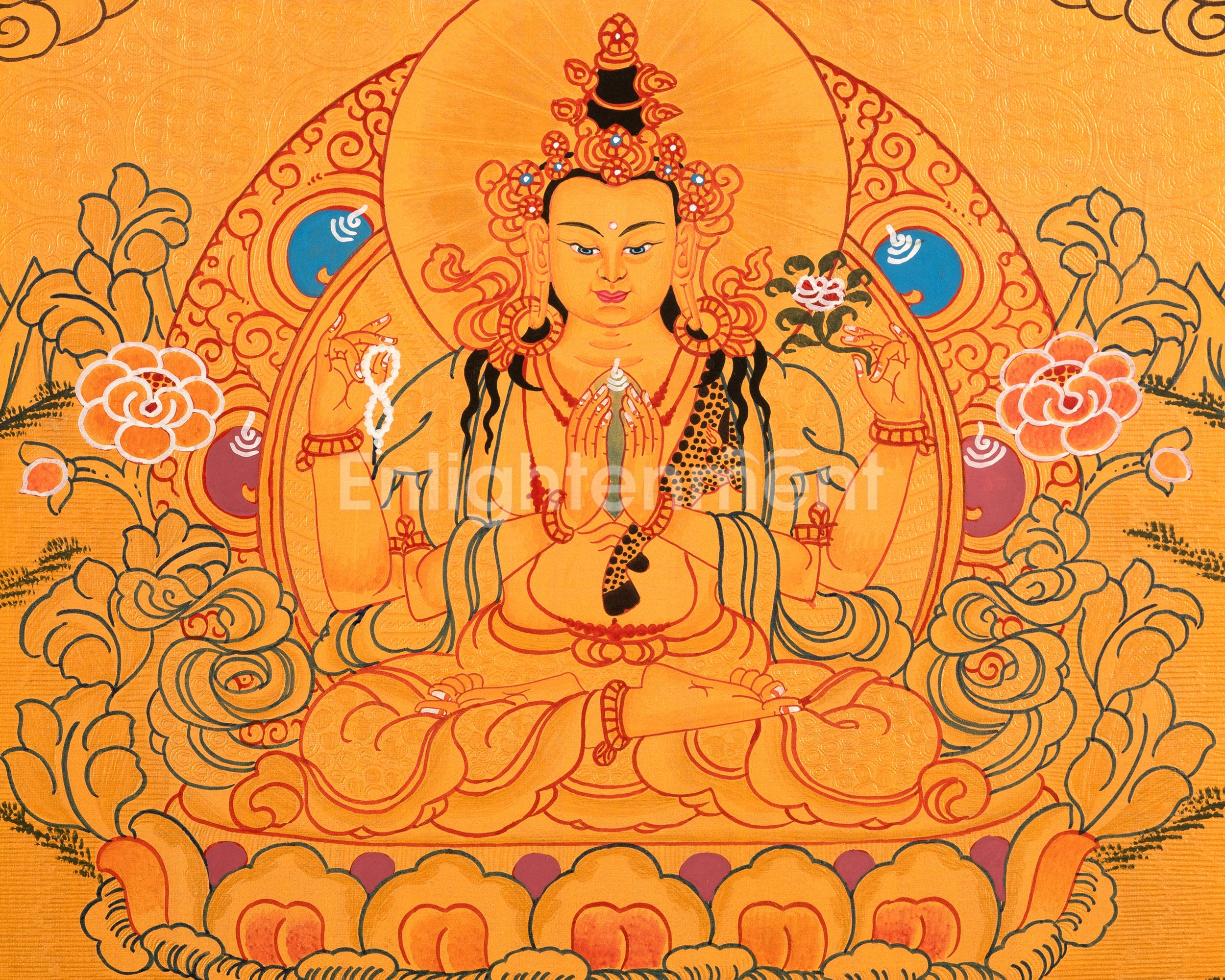 Sacred Thangka of Four-Armed Chenrezig | Tibetan Bodhisattva of Compassion