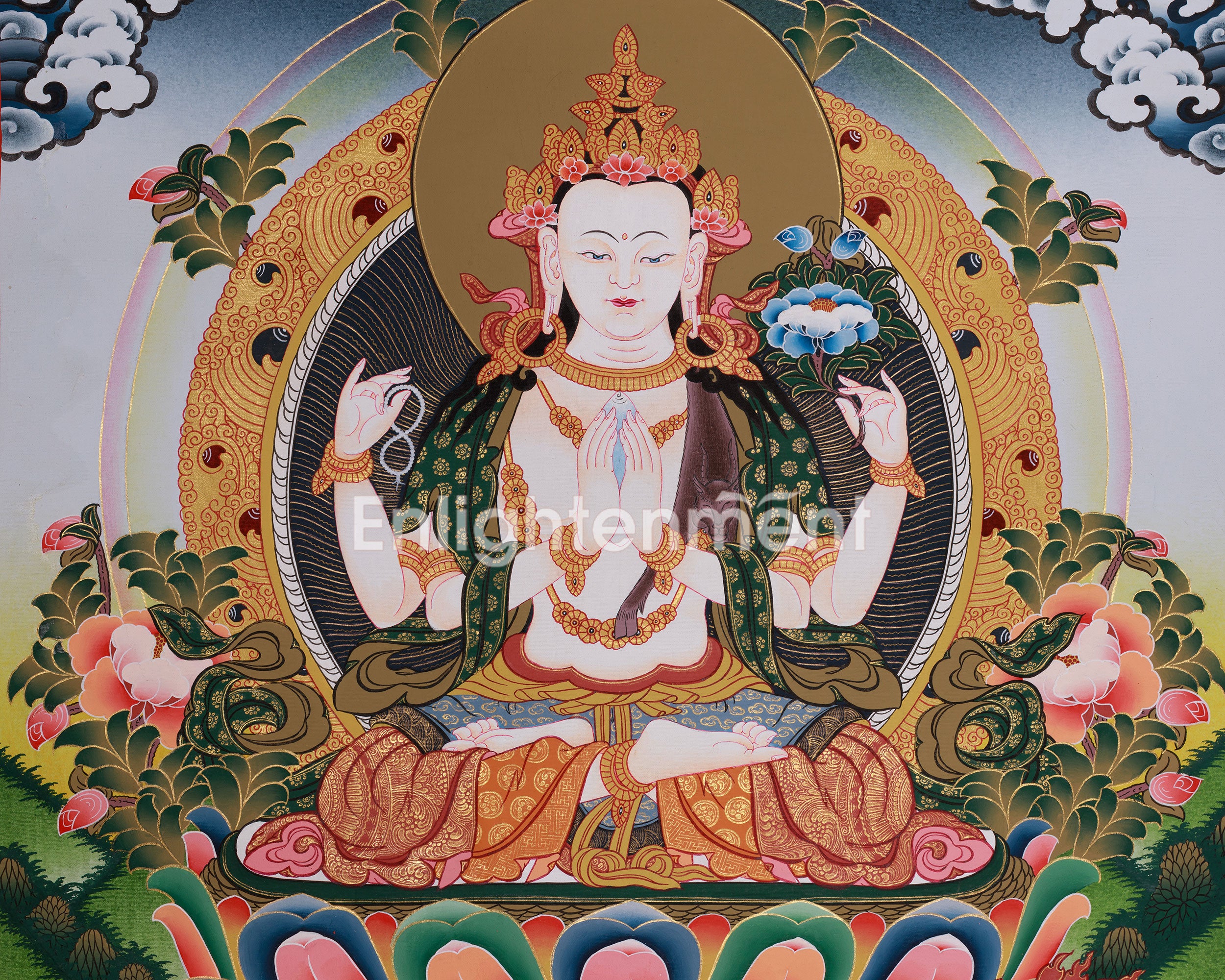 Chenresig with Vajrapani and Manjushri Thangka | Bodhisattvas Art