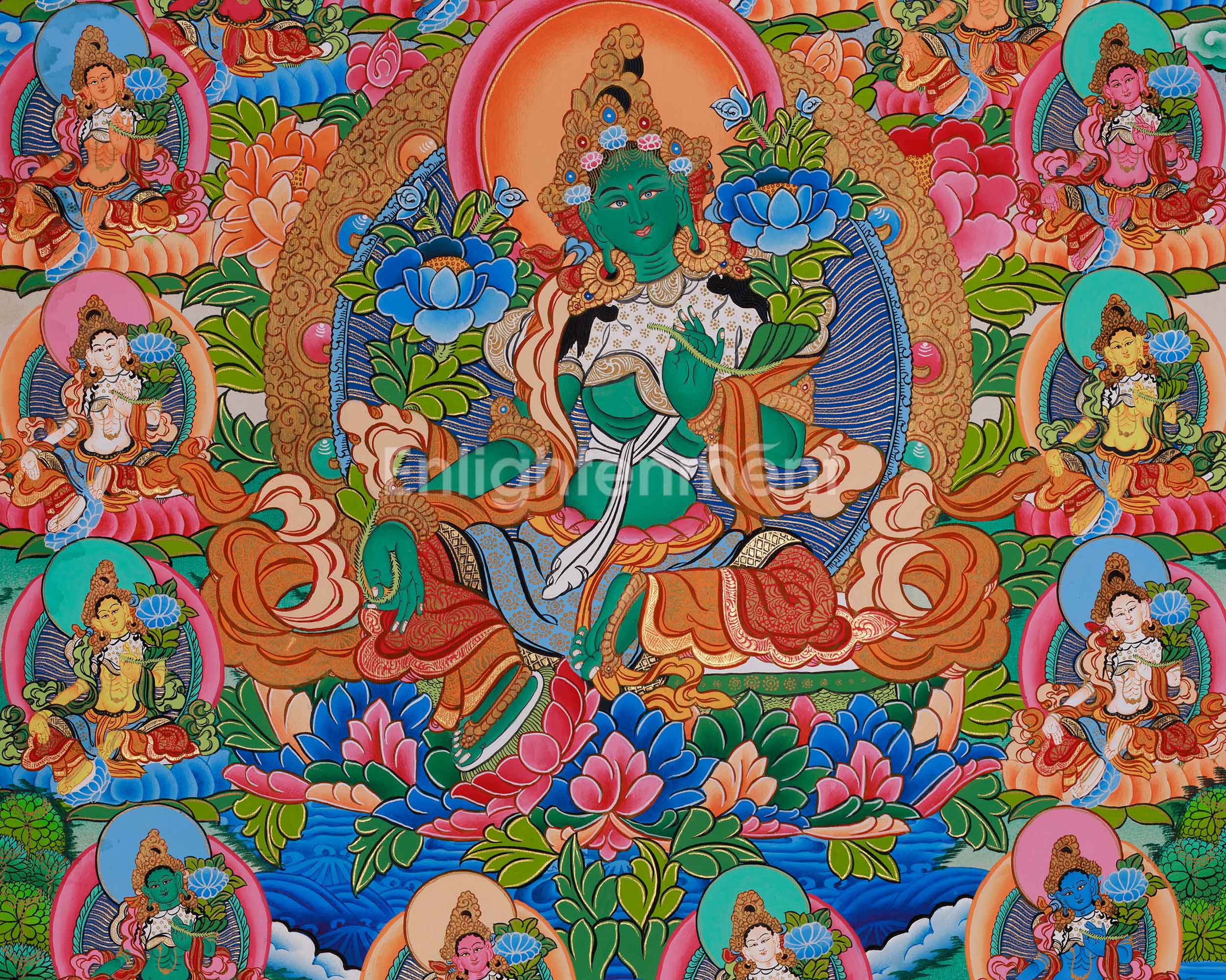 Radiant 21 Tara Divine Thangka | Tibetan Goddess of Compassion and Protection