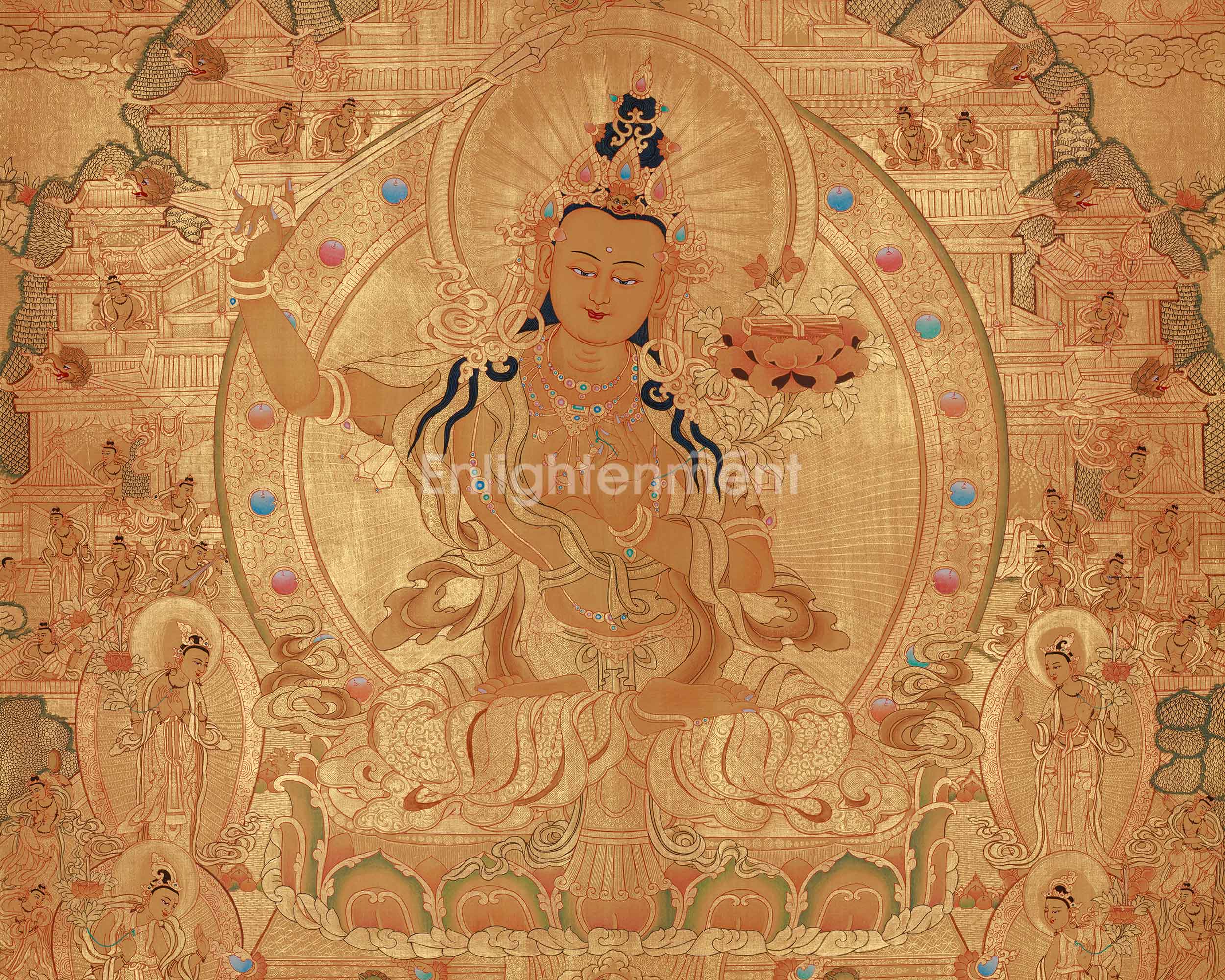 Majushri, Wisdom Buddha Thangka | A Spiritual Masterpiece of Enlightenment in Glorious Gold