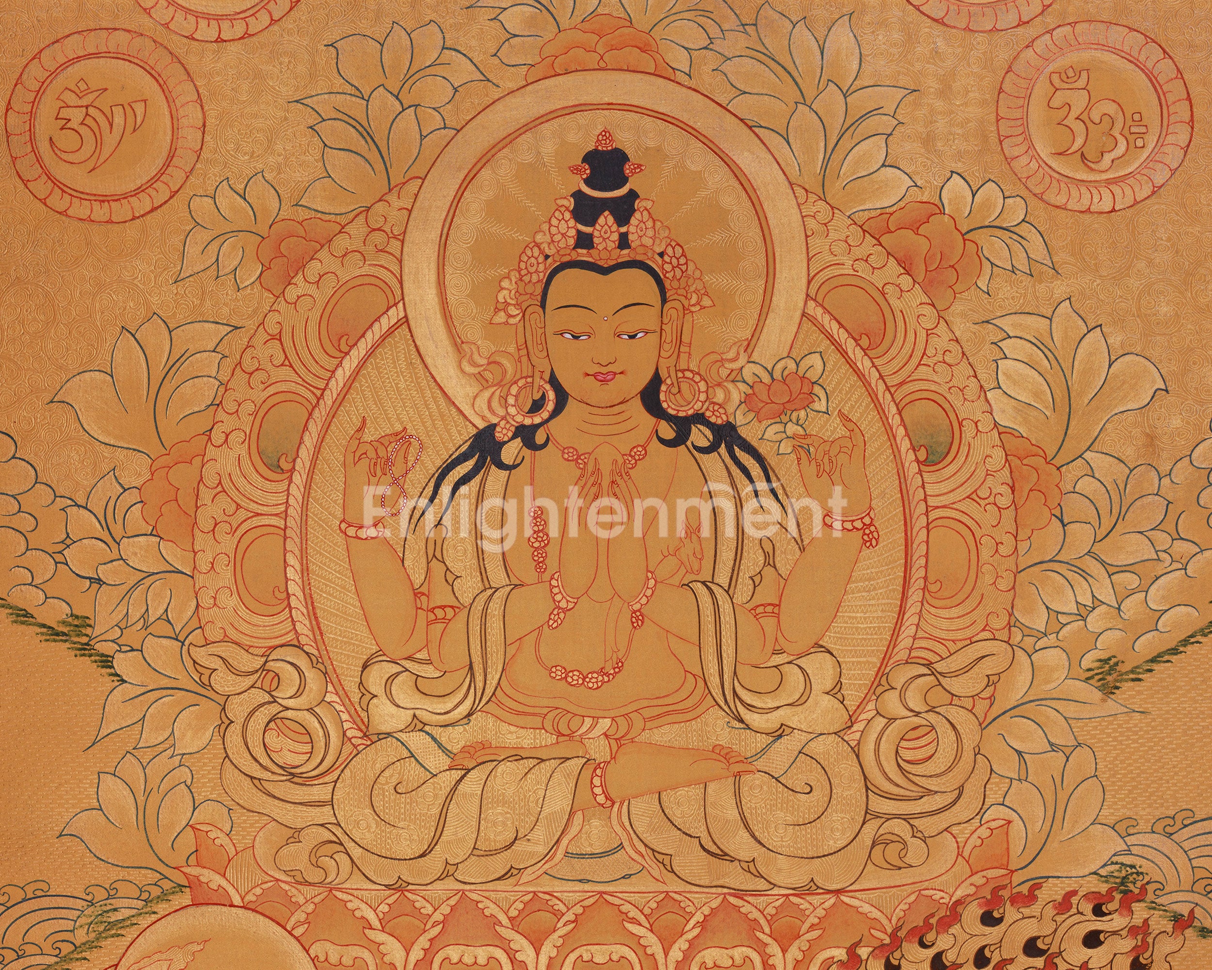 Four-Armed Chenrezig Compassion Thangka | Avalokiteshvara, Manjushri & Vajrpani Art | Meditation Altar