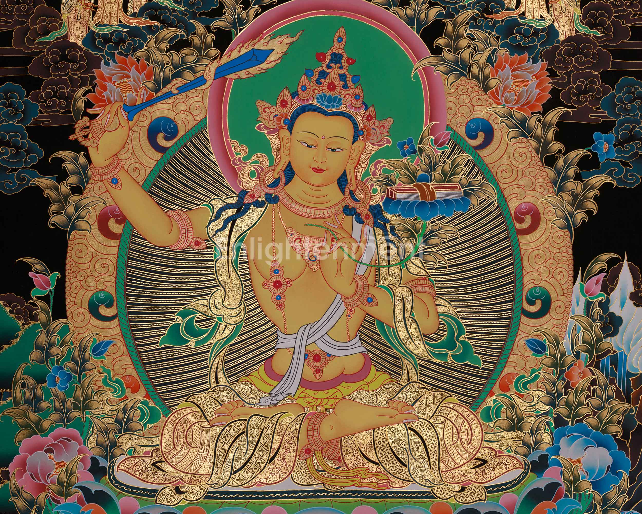 Himalayan Thangka Of Manjushri | Amitabha Buddha, Chenrezig, Vajrapani
