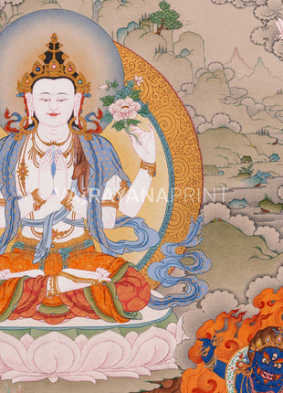 Four-Armed Avalokiteshvara Thangka Artwork Print | Traditional Bodhisattva Chenrezig on Cotton Canvas