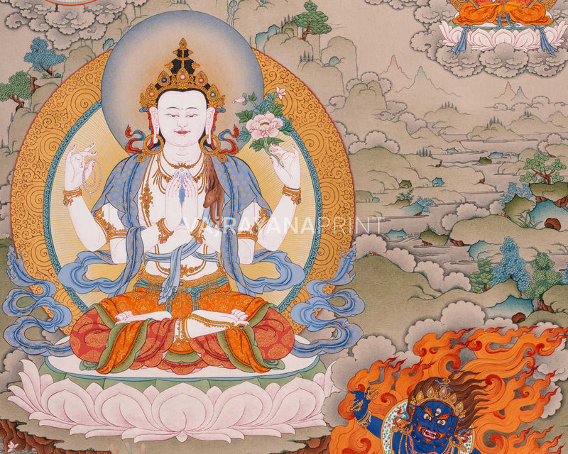 Four-Armed Avalokiteshvara Thangka Artwork Print | Traditional Bodhisattva Chenrezig on Cotton Canvas