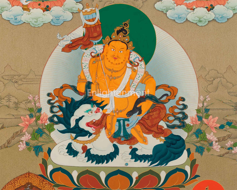 The Five Dzambhala Thangka - A Tapestry of Wealth and Abundance | Buddhist Wealth Deity Canvas