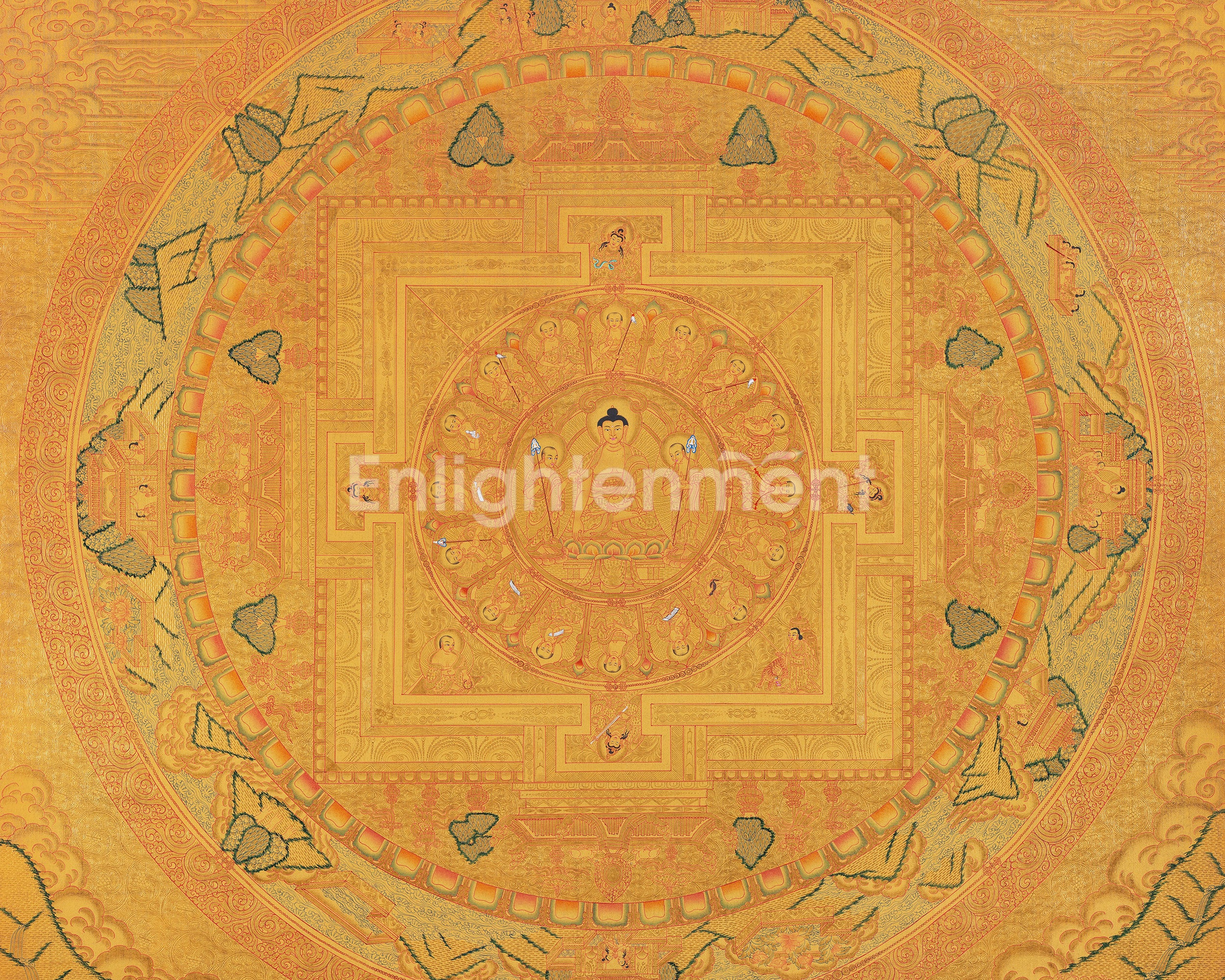 Shakyamuni Buddha Mandala Thangka with Pure 24k Golden  Embellishment | Wall Hanging Yoga Meditation Canvas Art | Spiritual Gift Idea