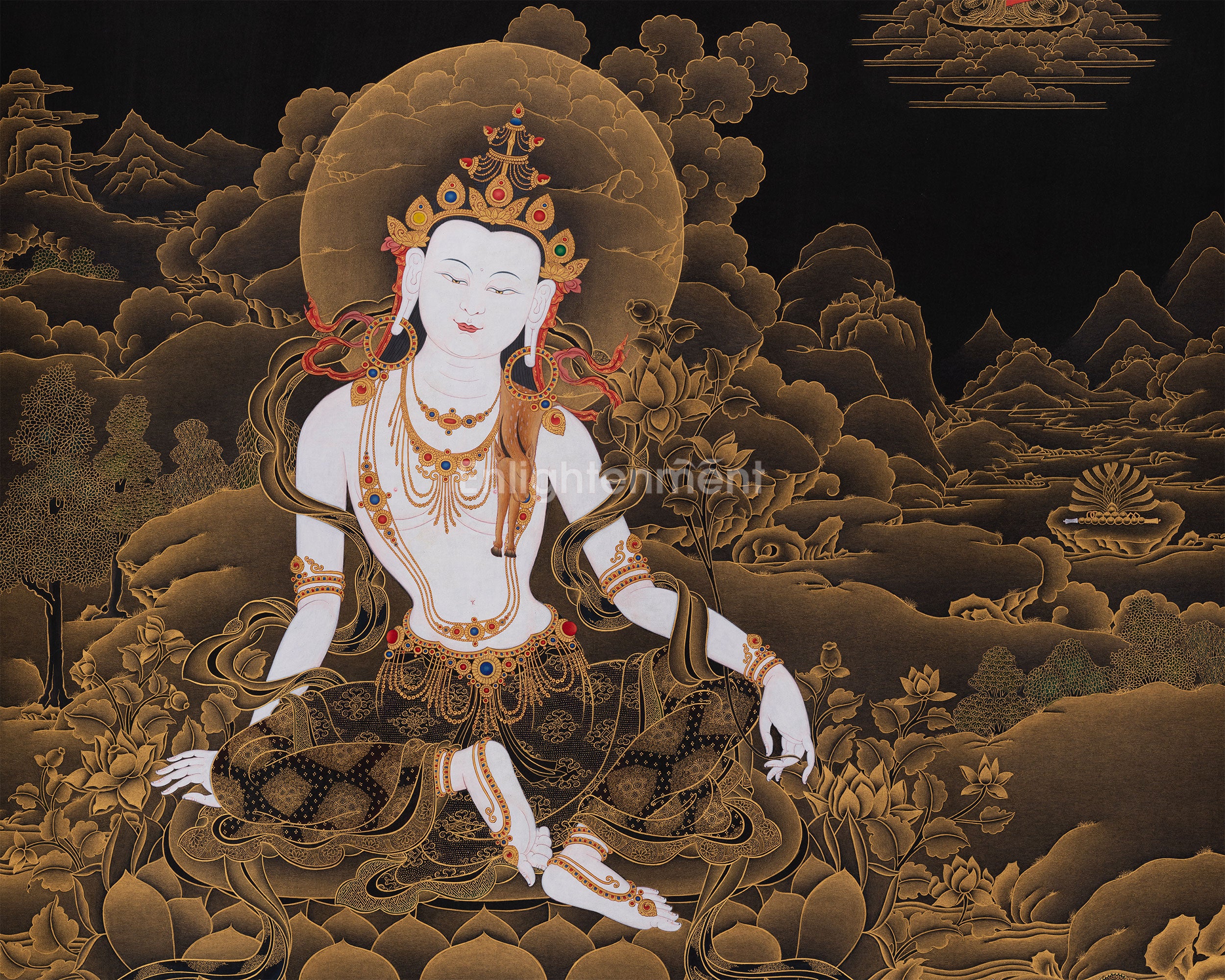 Majestic Two-Armed Chenrezig | 24K Gold Embellished Thangka | Nakthang Style
