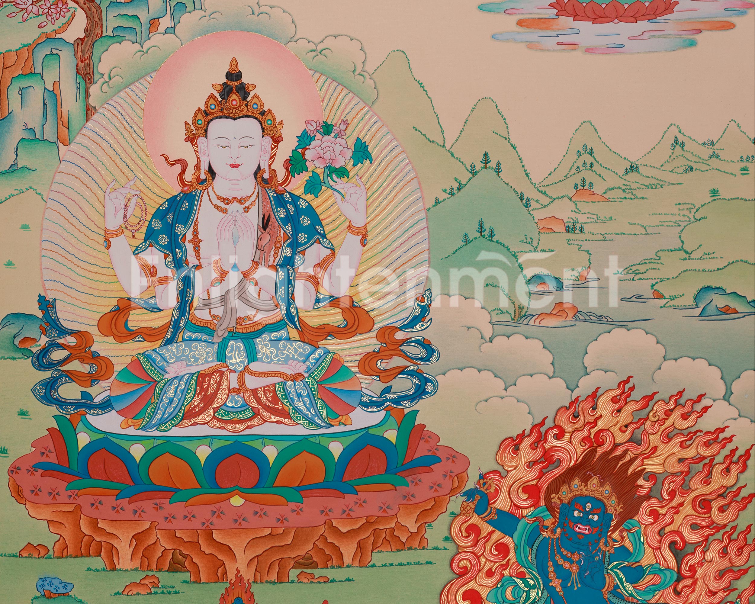 Chenrezig with Vajrapani and Manjushri Thangka | Sacred Union of Compassion, Wisdom, and Strength